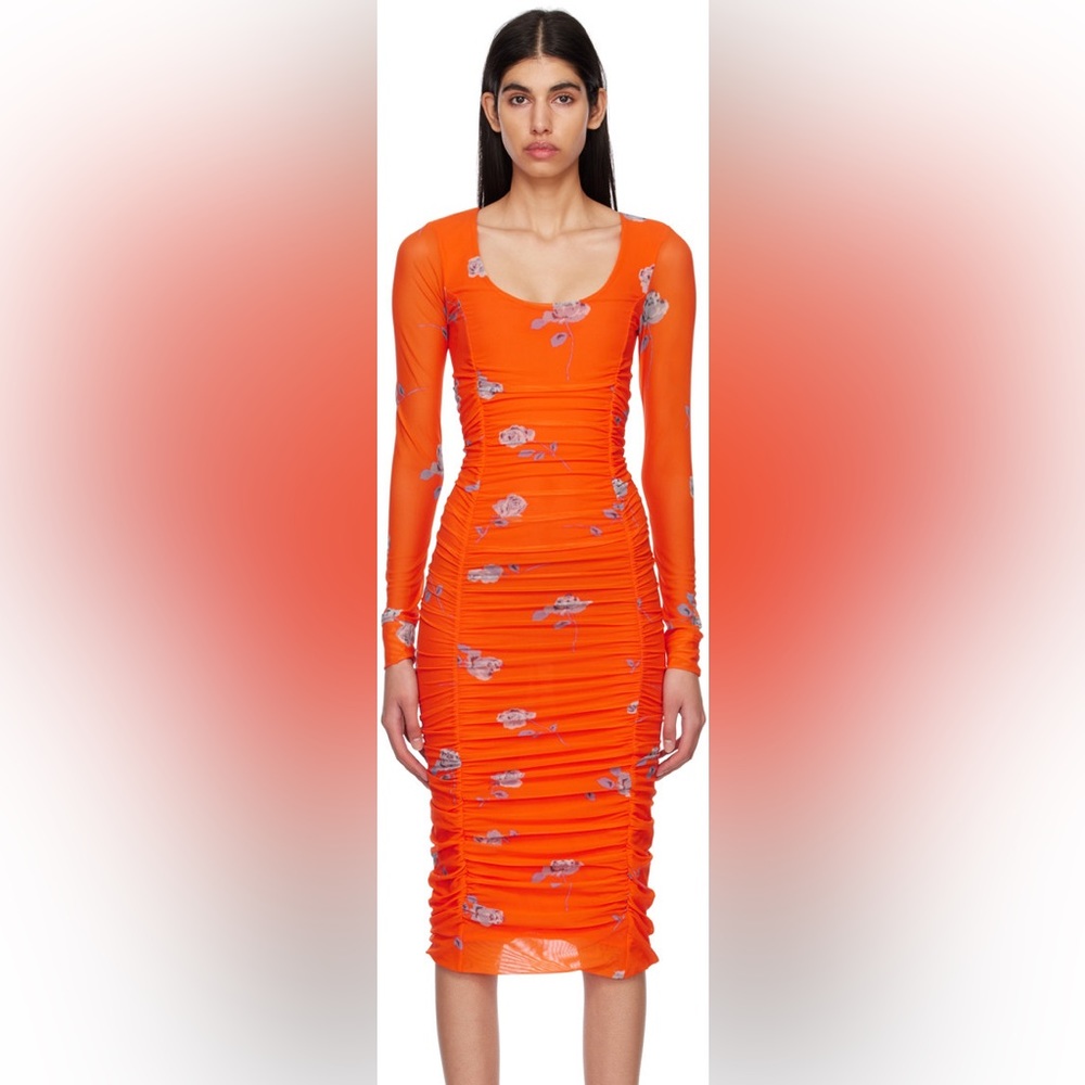 Ganni orange ruched midi dress